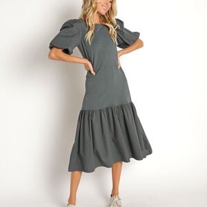 Nation LTD Etoile Bubble Hem Combo Midi Dress Hunter Green SzS Cottagecore Work